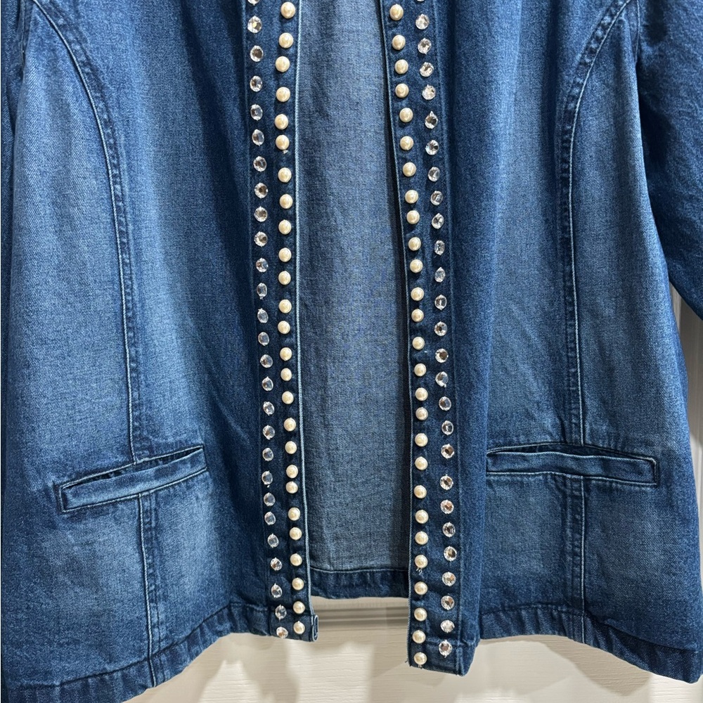Women's Denim Open Front Jacket, Pearl and Rhinestone Embellishments - Picture 6 of 8